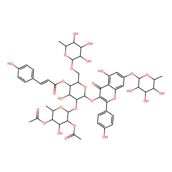 2D Structure of [5-(3,5-Diacetyloxy-4-hydroxy-6-methyloxan-2-yl)oxy-4-hydroxy-6-[5-hydroxy-2-(4-hydroxyphenyl)-4-oxo-7-(3,4,5-trihydroxy-6-methyloxan-2-yl)oxychromen-3-yl]oxy-2-[(3,4,5-trihydroxy-6-methyloxan-2-yl)oxymethyl]oxan-3-yl] 3-(4-hydroxyphenyl)prop-2-enoate