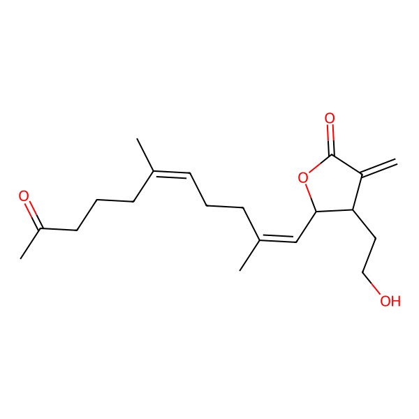 2D Structure of (4R,5S)-5-[(1E,5E)-2,6-dimethyl-10-oxoundeca-1,5-dienyl]-4-(2-hydroxyethyl)-3-methylideneoxolan-2-one