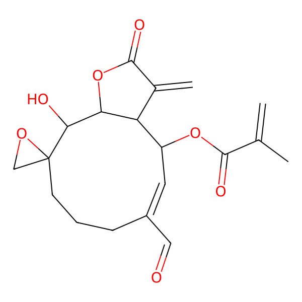 2D Structure of [(3aR,4R,5E,10R,11R,11aS)-6-formyl-11-hydroxy-3-methylidene-2-oxospiro[4,7,8,9,11,11a-hexahydro-3aH-cyclodeca[b]furan-10,2'-oxirane]-4-yl] 2-methylprop-2-enoate