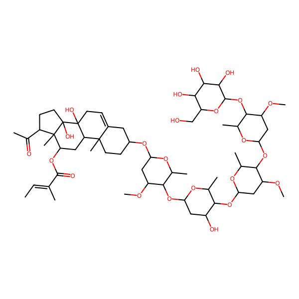 2D Structure of [(3S,8S,9R,10R,12R,13S,14R,17S)-17-acetyl-8,14-dihydroxy-3-[(2R,4S,5R,6R)-5-[(2S,4S,5S,6R)-4-hydroxy-5-[(2S,4S,5R,6R)-4-methoxy-5-[(2S,4S,5R,6R)-4-methoxy-6-methyl-5-[(2S,3R,4S,5S,6R)-3,4,5-trihydroxy-6-(hydroxymethyl)oxan-2-yl]oxyoxan-2-yl]oxy-6-methyloxan-2-yl]oxy-6-methyloxan-2-yl]oxy-4-methoxy-6-methyloxan-2-yl]oxy-10,13-dimethyl-2,3,4,7,9,11,12,15,16,17-decahydro-1H-cyclopenta[a]phenanthren-12-yl] (E)-2-methylbut-2-enoate