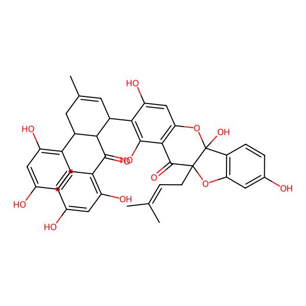 2D Structure of (5aR,10aR)-2-[(1R,5S,6R)-6-(2,4-dihydroxybenzoyl)-5-(2,4-dihydroxyphenyl)-3-methylcyclohex-2-en-1-yl]-1,3,5a,8-tetrahydroxy-10a-(3-methylbut-2-enyl)-[1]benzofuro[3,2-b]chromen-11-one