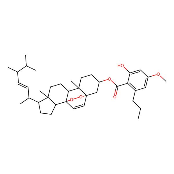2D Structure of [5-(5,6-Dimethylhept-3-en-2-yl)-6,10-dimethyl-16,17-dioxapentacyclo[13.2.2.01,9.02,6.010,15]nonadec-18-en-13-yl] 2-hydroxy-4-methoxy-6-propylbenzoate