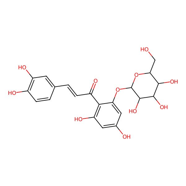 2D Structure of (E)-3-(3,4-dihydroxyphenyl)-1-[2,4-dihydroxy-6-[(2S,3R,4S,5S,6R)-3,4,5-trihydroxy-6-(hydroxymethyl)oxan-2-yl]oxyphenyl]prop-2-en-1-one