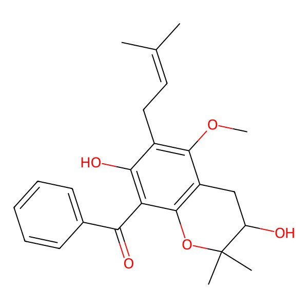 2D Structure of [(3R)-3,7-dihydroxy-5-methoxy-2,2-dimethyl-6-(3-methylbut-2-enyl)-3,4-dihydrochromen-8-yl]-phenylmethanone