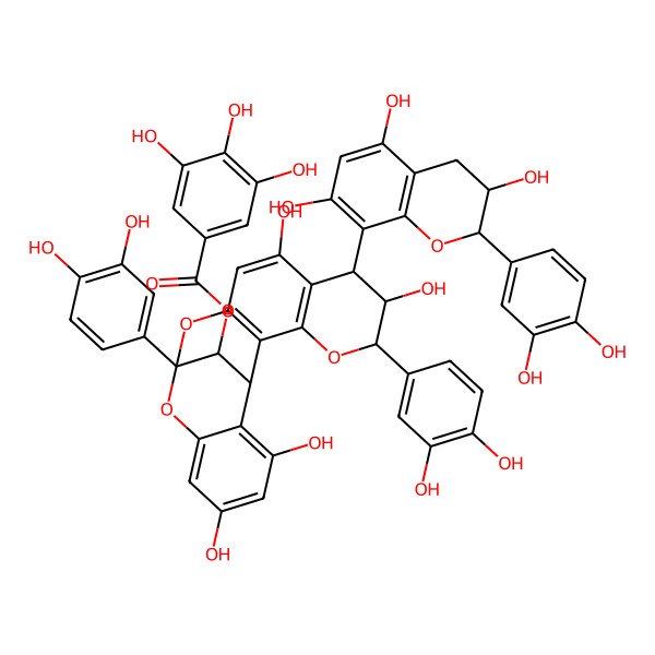 2D Structure of [(1R,5R,6R,7R,13S,21R)-5,13-bis(3,4-dihydroxyphenyl)-7-[(2R,3R)-2-(3,4-dihydroxyphenyl)-3,5,7-trihydroxy-3,4-dihydro-2H-chromen-8-yl]-6,9,17,19-tetrahydroxy-4,12,14-trioxapentacyclo[11.7.1.02,11.03,8.015,20]henicosa-2(11),3(8),9,15,17,19-hexaen-21-yl] 3,4,5-trihydroxybenzoate