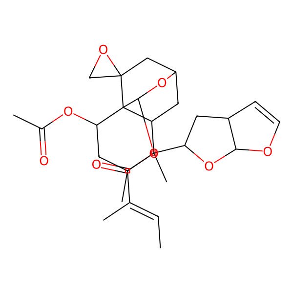 2D Structure of [(1R,2S,4R,5S,6R,8R,10R,11R)-5-[(3aS,5S,6aS)-3a,4,5,6a-tetrahydrofuro[2,3-b]furan-5-yl]-2-acetyloxy-4,5-dimethylspiro[9-oxatricyclo[6.2.2.01,6]dodecane-11,2'-oxirane]-10-yl] (E)-2-methylbut-2-enoate