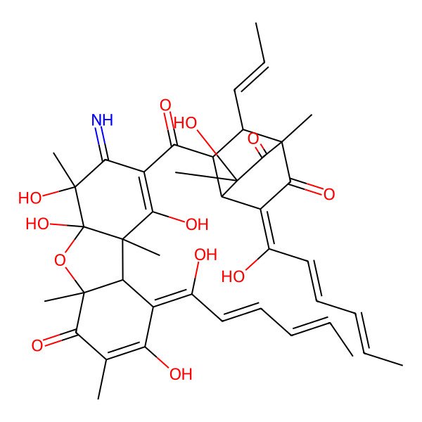 2D Structure of 8-[1,4,4a,8-tetrahydroxy-9-(1-hydroxyhexa-2,4-dienylidene)-3-imino-4,5a,7,9b-tetramethyl-6-oxo-9aH-dibenzofuran-2-carbonyl]-3-hydroxy-5-(1-hydroxyhexa-2,4-dienylidene)-1,3-dimethyl-7-prop-1-enylbicyclo[2.2.2]octane-2,6-dione