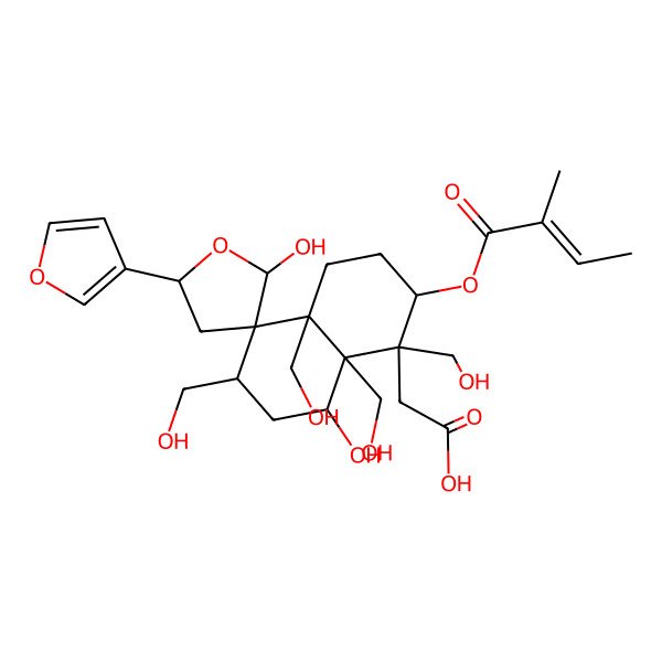 2D Structure of Spiro[furan-3(2H),1'(2'H)-naphthalene]-5'-acetic acid, 5-(3-furanyl)decahydro-2,4'-dihydroxy-2',4'a,5',8'a-tetrakis(hydroxymethyl)-6'-[[(2Z)-2-methyl-1-oxo-2-butenyl]oxy]-, (1'R,2R,2'R,4'R,4'aS,5S,5'R,6'R,8'aR)-