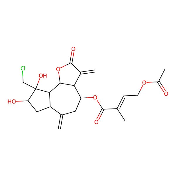 2D Structure of [(3aR,4S,6aR,8S,9S,9aS,9bS)-9-(chloromethyl)-8,9-dihydroxy-3,6-dimethylidene-2-oxo-3a,4,5,6a,7,8,9a,9b-octahydroazuleno[4,5-b]furan-4-yl] (E)-4-acetyloxy-2-methylbut-2-enoate