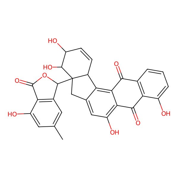 2D Structure of 4,6,9,10-tetrahydroxy-8a-(4-hydroxy-6-methyl-3-oxo-1H-isobenzofuran-1-yl)-8,9,10,12a-tetrahydroindeno[1,2-a]anthracene-5,13-dione