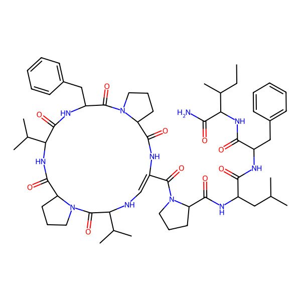 2D Structure of N-[1-[[1-[(1-amino-3-methyl-1-oxopentan-2-yl)amino]-1-oxo-3-phenylpropan-2-yl]amino]-4-methyl-1-oxopentan-2-yl]-1-[15-benzyl-2,8,14,17,20-pentaoxo-3,18-di(propan-2-yl)-1,4,7,13,16,19-hexazatricyclo[19.3.0.09,13]tetracos-5-ene-6-carbonyl]pyrrolidine-2-carboxamide
