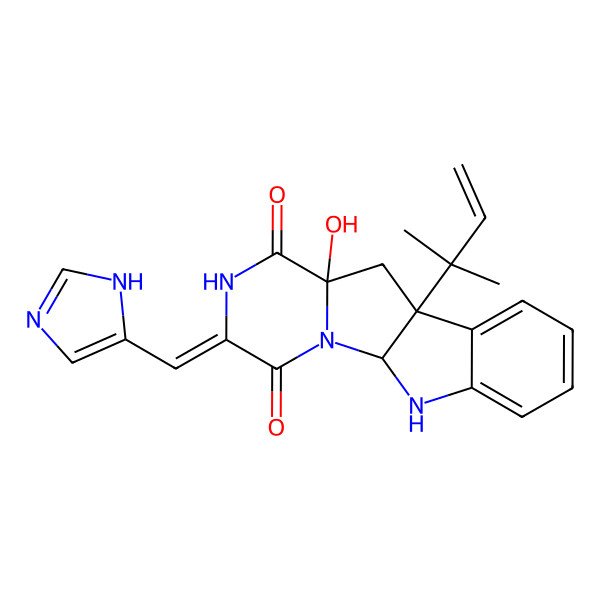 2D Structure of 7-hydroxy-4-(1H-imidazol-5-ylmethylidene)-9-(2-methylbut-3-en-2-yl)-2,5,16-triazatetracyclo[7.7.0.02,7.010,15]hexadeca-10,12,14-triene-3,6-dione