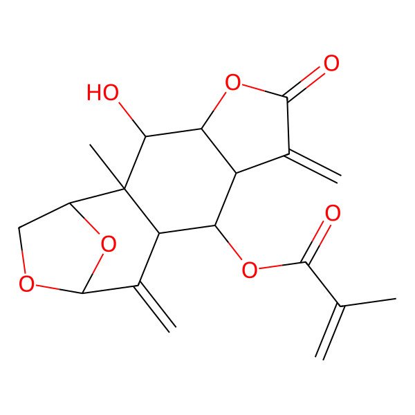 2D Structure of (3-Hydroxy-2-methyl-7,11-dimethylidene-6-oxo-5,13,15-trioxatetracyclo[10.2.1.02,10.04,8]pentadecan-9-yl) 2-methylprop-2-enoate