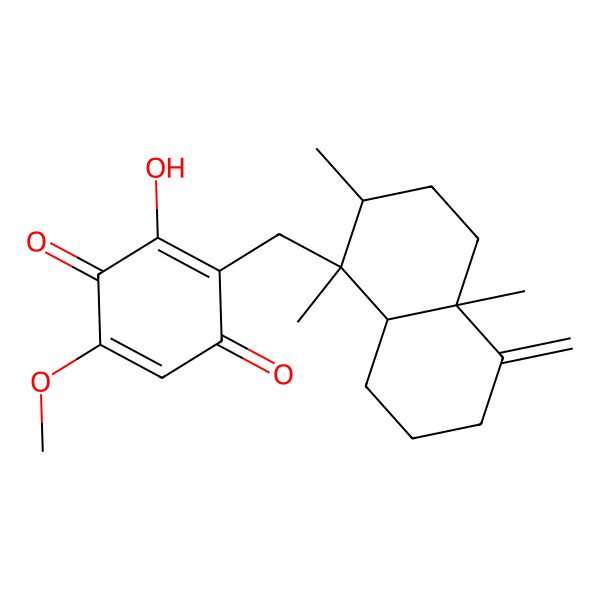 2D Structure of 2-[[(1R,2S,4aR,8aS)-1,2,4a-trimethyl-5-methylidene-3,4,6,7,8,8a-hexahydro-2H-naphthalen-1-yl]methyl]-3-hydroxy-5-methoxycyclohexa-2,5-diene-1,4-dione