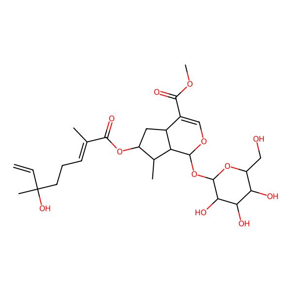 2D Structure of methyl (1S,4aS,6S,7R,7aS)-6-[(2E,6S)-6-hydroxy-2,6-dimethylocta-2,7-dienoyl]oxy-7-methyl-1-[(2S,3R,4S,5S,6R)-3,4,5-trihydroxy-6-(hydroxymethyl)oxan-2-yl]oxy-1,4a,5,6,7,7a-hexahydrocyclopenta[c]pyran-4-carboxylate
