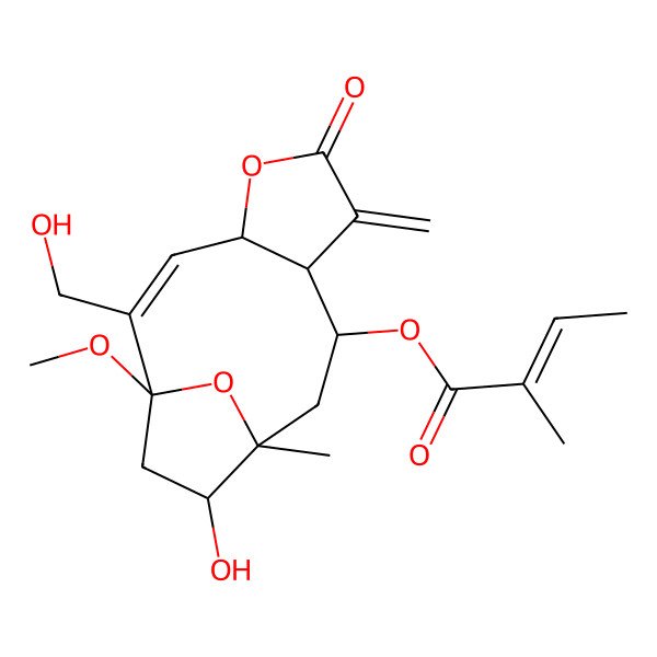 2D Structure of [12-Hydroxy-2-(hydroxymethyl)-1-methoxy-11-methyl-7-methylidene-6-oxo-5,14-dioxatricyclo[9.2.1.04,8]tetradec-2-en-9-yl] 2-methylbut-2-enoate