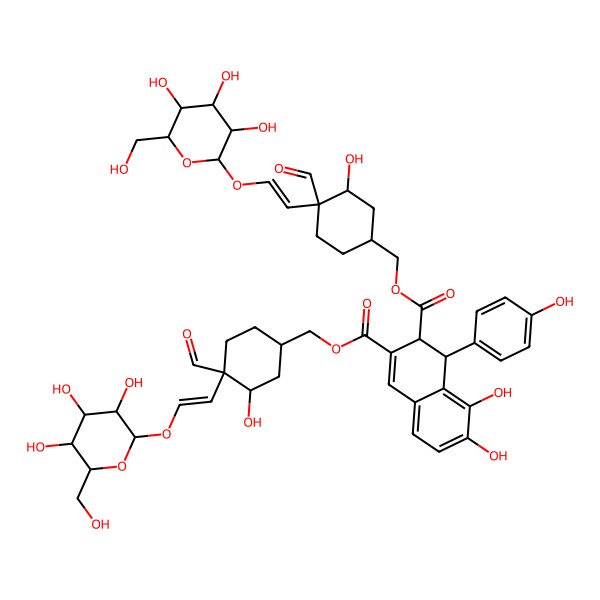 2D Structure of bis[[(1S,3S,4S)-4-formyl-3-hydroxy-4-[(Z)-2-[(2R,3R,4S,5S,6R)-3,4,5-trihydroxy-6-(hydroxymethyl)oxan-2-yl]oxyethenyl]cyclohexyl]methyl] (1R,2S)-7,8-dihydroxy-1-(4-hydroxyphenyl)-1,2-dihydronaphthalene-2,3-dicarboxylate