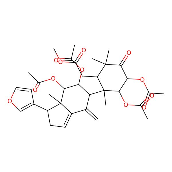 2D Structure of methyl 2-[(1R,2S,3R,4R)-3,4-diacetyloxy-2-[(1S,5S,6R,7R,7aS)-6,7-diacetyloxy-1-(furan-3-yl)-7a-methyl-4-methylidene-2,5,6,7-tetrahydro-1H-inden-5-yl]-2,6,6-trimethyl-5-oxocyclohexyl]acetate