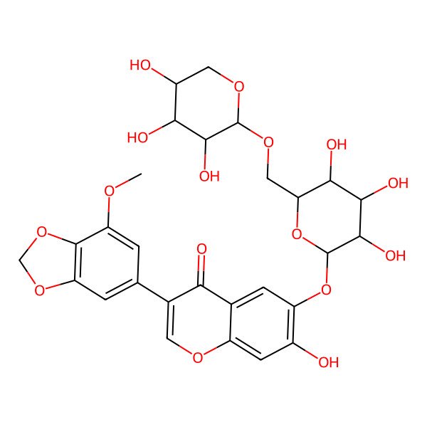 2D Structure of 7-hydroxy-3-(7-methoxy-1,3-benzodioxol-5-yl)-6-[(2S,3R,4S,5S,6S)-3,4,5-trihydroxy-6-[[(2R,3R,4R,5S)-3,4,5-trihydroxyoxan-2-yl]oxymethyl]oxan-2-yl]oxychromen-4-one