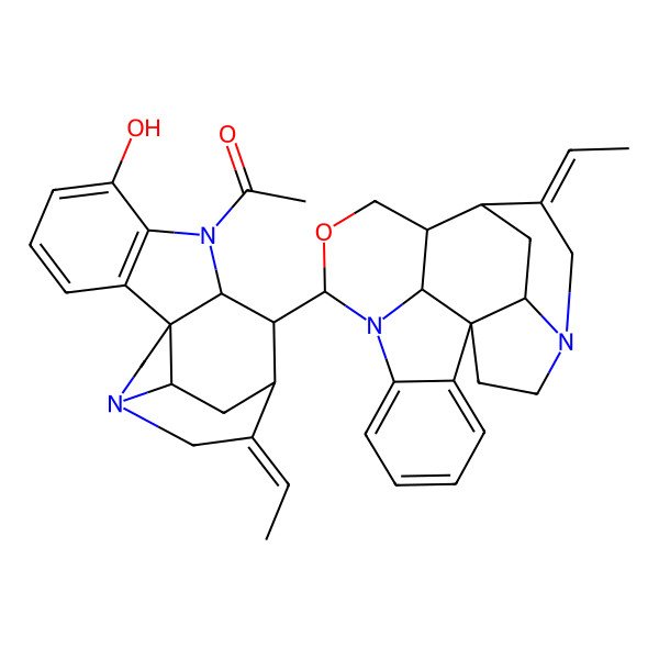 2D Structure of 1-[(1R,9R,10R,11R,12E,17S)-12-ethylidene-10-[(1R,9S,12S,13R,14E,19S,21S)-14-ethylidene-10-oxa-8,16-diazahexacyclo[11.5.2.11,8.02,7.016,19.012,21]henicosa-2,4,6-trien-9-yl]-6-hydroxy-8,14-diazapentacyclo[9.5.2.01,9.02,7.014,17]octadeca-2(7),3,5-trien-8-yl]ethanone