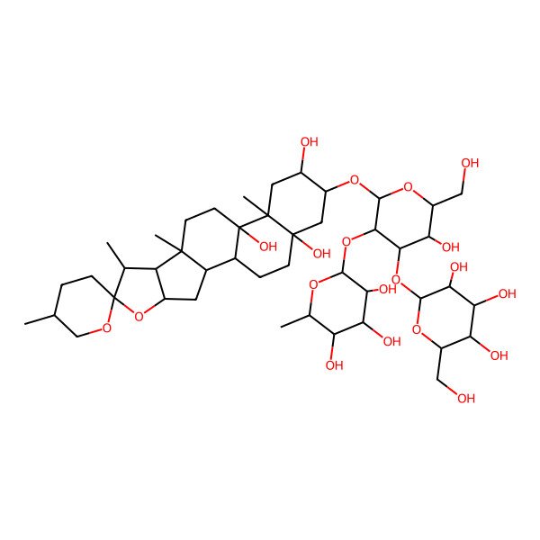 2D Structure of 16-[5-Hydroxy-6-(hydroxymethyl)-4-[3,4,5-trihydroxy-6-(hydroxymethyl)oxan-2-yl]oxy-3-(3,4,5-trihydroxy-6-methyloxan-2-yl)oxyoxan-2-yl]oxy-5',7,9,13-tetramethylspiro[5-oxapentacyclo[10.8.0.02,9.04,8.013,18]icosane-6,2'-oxane]-12,15,18-triol