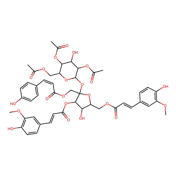 2D Structure of [(2S,3S,4R,5R)-2-[(2R,3R,4S,5S,6R)-3,5-diacetyloxy-6-(acetyloxymethyl)-4-hydroxyoxan-2-yl]oxy-4-hydroxy-3-[(E)-3-(4-hydroxy-3-methoxyphenyl)prop-2-enoyl]oxy-5-[[(E)-3-(4-hydroxy-3-methoxyphenyl)prop-2-enoyl]oxymethyl]oxolan-2-yl]methyl (E)-3-(4-hydroxyphenyl)prop-2-enoate