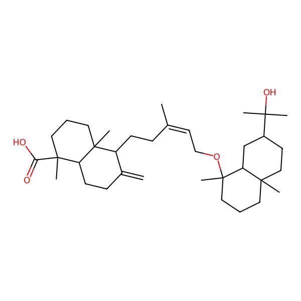 2D Structure of (1S,4aR,5S,8aR)-5-[(E)-5-[[(1R,4aR,7R,8aR)-7-(2-hydroxypropan-2-yl)-1,4a-dimethyl-2,3,4,5,6,7,8,8a-octahydronaphthalen-1-yl]oxy]-3-methylpent-3-enyl]-1,4a-dimethyl-6-methylidene-3,4,5,7,8,8a-hexahydro-2H-naphthalene-1-carboxylic acid