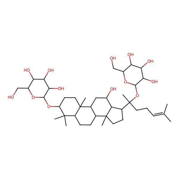 2D Structure of 2-(Hydroxymethyl)-6-[[12-hydroxy-4,4,10,14-tetramethyl-17-[6-methyl-2-[3,4,5-trihydroxy-6-(hydroxymethyl)oxan-2-yl]oxyhept-5-en-2-yl]-1,2,3,5,6,7,8,9,11,12,13,15,16,17-tetradecahydrocyclopenta[a]phenanthren-3-yl]oxy]oxane-3,4,5-triol