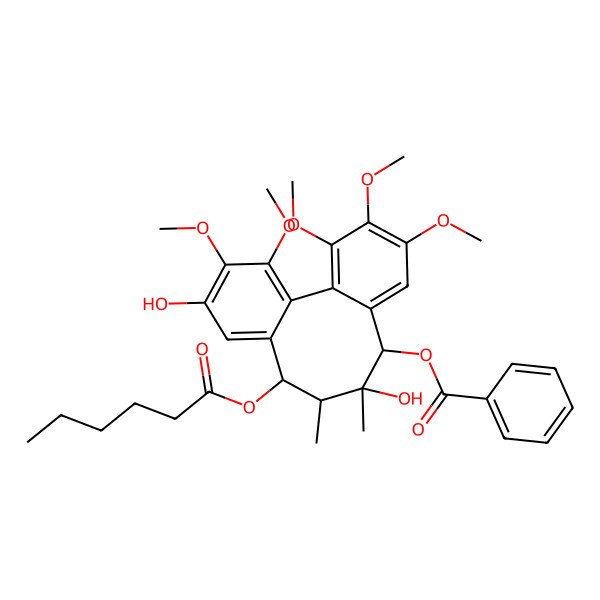 2D Structure of (11-Hexanoyloxy-9,14-dihydroxy-3,4,5,15,16-pentamethoxy-9,10-dimethyl-8-tricyclo[10.4.0.02,7]hexadeca-1(16),2,4,6,12,14-hexaenyl) benzoate