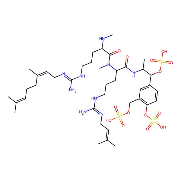 2D Structure of [4-[2-[[2-[[5-[[N'-(3,7-dimethylocta-2,6-dienyl)carbamimidoyl]amino]-2-(methylamino)pentanoyl]-methylamino]-5-[[N'-(3-methylbut-2-enyl)carbamimidoyl]amino]pentanoyl]amino]-1-sulfooxypropyl]-2-(sulfooxymethyl)phenyl] hydrogen sulfate