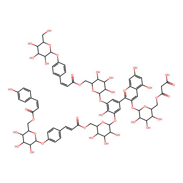 2D Structure of 3-[[(2R,3S,4S,5R,6S)-6-[5,7-dihydroxy-2-[4-hydroxy-3-[(2S,3R,4S,5S,6R)-3,4,5-trihydroxy-6-[[(E)-3-[4-[(2S,3R,4S,5S,6R)-3,4,5-trihydroxy-6-(hydroxymethyl)oxan-2-yl]oxyphenyl]prop-2-enoyl]oxymethyl]oxan-2-yl]oxy-5-[(2S,3R,4S,5S,6R)-3,4,5-trihydroxy-6-[[(E)-3-[4-[(2S,3R,4S,5S,6R)-3,4,5-trihydroxy-6-[[(E)-3-(4-hydroxyphenyl)prop-2-enoyl]oxymethyl]oxan-2-yl]oxyphenyl]prop-2-enoyl]oxymethyl]oxan-2-yl]oxyphenyl]chromenylium-3-yl]oxy-3,4,5-trihydroxyoxan-2-yl]methoxy]-3-oxopropanoic acid