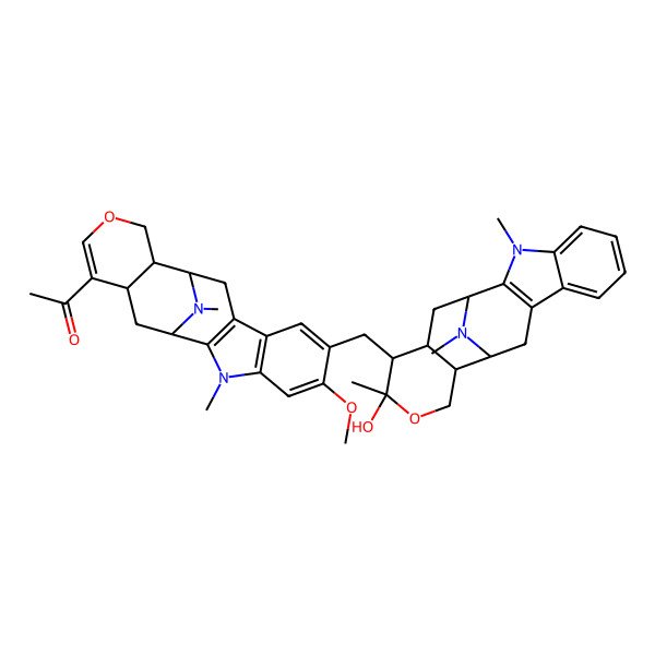 2D Structure of 1-[(12S,13R,18R)-7-[[(12S,13R,18R)-16-hydroxy-3,16,20-trimethyl-15-oxa-3,20-diazapentacyclo[10.7.1.02,10.04,9.013,18]icosa-2(10),4,6,8-tetraen-17-yl]methyl]-6-methoxy-3,20-dimethyl-15-oxa-3,20-diazapentacyclo[10.7.1.02,10.04,9.013,18]icosa-2(10),4(9),5,7,16-pentaen-17-yl]ethanone