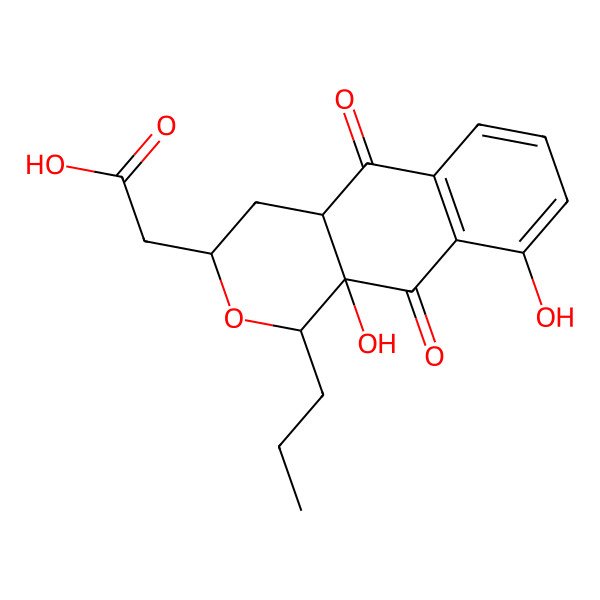2D Structure of 2-[(1R,3S)-9,10a-dihydroxy-5,10-dioxo-1-propyl-1,3,4,4a-tetrahydrobenzo[g]isochromen-3-yl]acetic acid