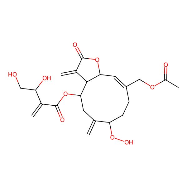2D Structure of [10-(acetyloxymethyl)-7-hydroperoxy-3,6-dimethylidene-2-oxo-4,5,7,8,9,11a-hexahydro-3aH-cyclodeca[b]furan-4-yl] 3,4-dihydroxy-2-methylidenebutanoate