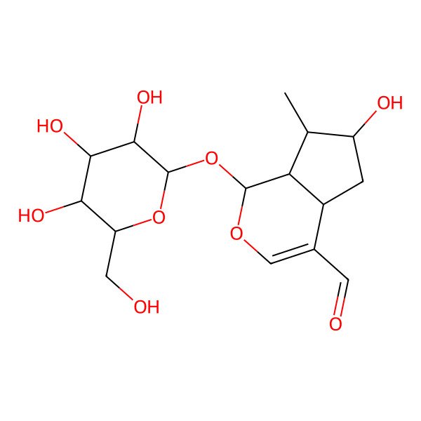 2D Structure of (1S,4aS,6S,7S,7aS)-6-hydroxy-7-methyl-1-[(2R,3R,4S,5S,6R)-3,4,5-trihydroxy-6-(hydroxymethyl)oxan-2-yl]oxy-1,4a,5,6,7,7a-hexahydrocyclopenta[c]pyran-4-carbaldehyde