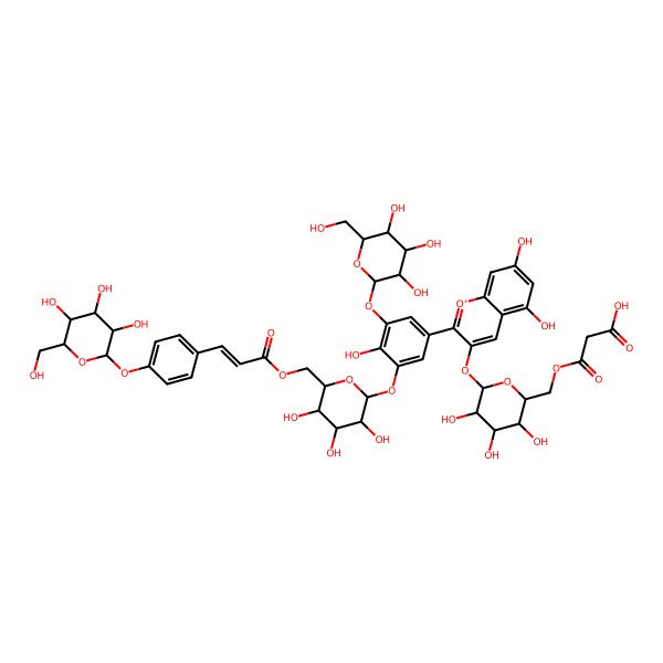 2D Structure of 3-[[(2S,3S,4S,5S,6S)-6-[5,7-dihydroxy-2-[4-hydroxy-3-[(2S,3R,4S,5S,6S)-3,4,5-trihydroxy-6-(hydroxymethyl)oxan-2-yl]oxy-5-[(2S,3R,4S,5S,6R)-3,4,5-trihydroxy-6-[[(E)-3-[4-[(2S,3R,4S,5S,6R)-3,4,5-trihydroxy-6-(hydroxymethyl)oxan-2-yl]oxyphenyl]prop-2-enoyl]oxymethyl]oxan-2-yl]oxyphenyl]chromenylium-3-yl]oxy-3,4,5-trihydroxyoxan-2-yl]methoxy]-3-oxopropanoic acid