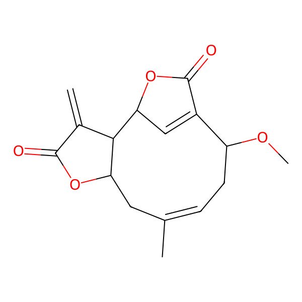 2D Structure of (1R,2S,6S,8E,11S)-11-methoxy-8-methyl-3-methylidene-5,14-dioxatricyclo[10.2.1.02,6]pentadeca-8,12(15)-diene-4,13-dione