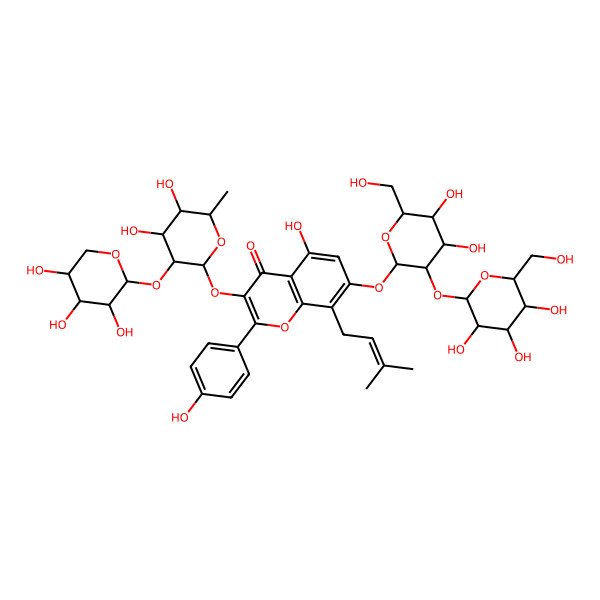 2D Structure of 7-[(2S,3R,4S,5S,6R)-4,5-dihydroxy-6-(hydroxymethyl)-3-[(2S,3R,4S,5S,6S)-3,4,5-trihydroxy-6-(hydroxymethyl)oxan-2-yl]oxyoxan-2-yl]oxy-3-[(2S,3R,4S,5R,6S)-4,5-dihydroxy-6-methyl-3-[(2R,3S,4S,5S)-3,4,5-trihydroxyoxan-2-yl]oxyoxan-2-yl]oxy-5-hydroxy-2-(4-hydroxyphenyl)-8-(3-methylbut-2-enyl)chromen-4-one