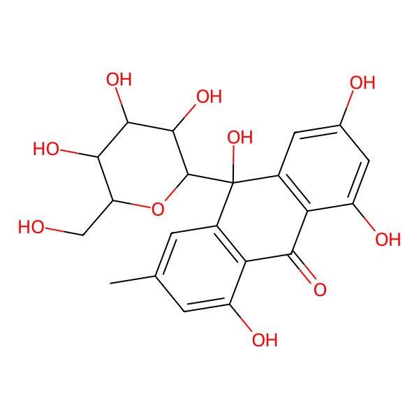 2D Structure of (10R)-1,3,8,10-tetrahydroxy-6-methyl-10-[(2R,3R,4S,5R,6R)-3,4,5-trihydroxy-6-(hydroxymethyl)oxan-2-yl]anthracen-9-one