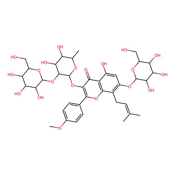 2D Structure of 3-[(2R,3R,4R,5R,6S)-4,5-dihydroxy-6-methyl-3-[(2R,3R,4S,5R,6R)-3,4,5-trihydroxy-6-(hydroxymethyl)oxan-2-yl]oxyoxan-2-yl]oxy-5-hydroxy-2-(4-methoxyphenyl)-8-(3-methylbut-2-enyl)-7-[(2S,3R,4S,5S,6R)-3,4,5-trihydroxy-6-(hydroxymethyl)oxan-2-yl]oxychromen-4-one