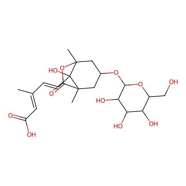 2D Structure of (2Z,4E)-5-[(1S,3R,5R,8R)-8-hydroxy-1,5-dimethyl-7-oxo-3-[(2R,3R,4S,5S,6R)-3,4,5-trihydroxy-6-(hydroxymethyl)oxan-2-yl]oxy-6-oxabicyclo[3.2.1]octan-8-yl]-3-methylpenta-2,4-dienoic acid
