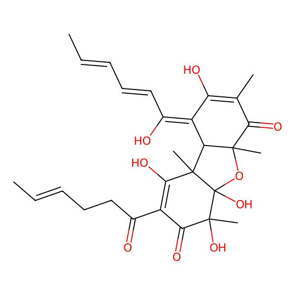 2D Structure of 2-hex-4-enoyl-1,4,4a,8-tetrahydroxy-9-(1-hydroxyhexa-2,4-dienylidene)-4,5a,7,9b-tetramethyl-9aH-dibenzofuran-3,6-dione