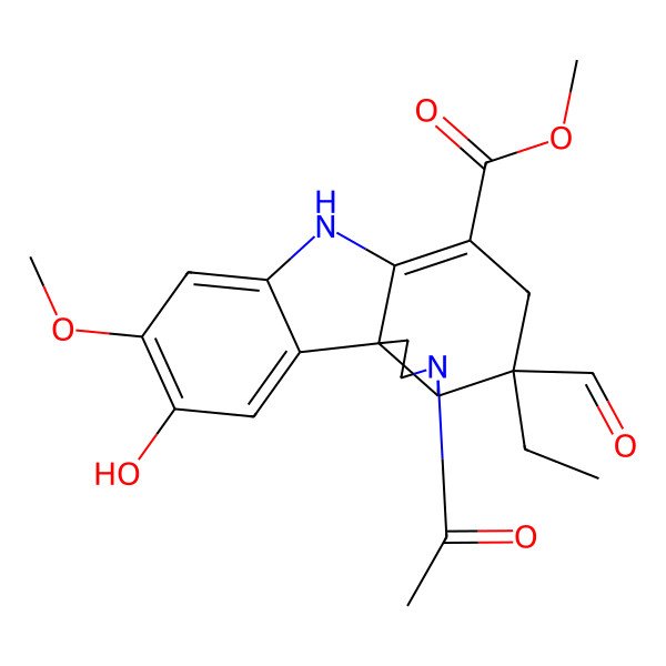 2D Structure of methyl (3aR,4S,11bR)-3-acetyl-4-ethyl-4-formyl-10-hydroxy-9-methoxy-2,3a,5,7-tetrahydro-1H-pyrrolo[2,3-d]carbazole-6-carboxylate