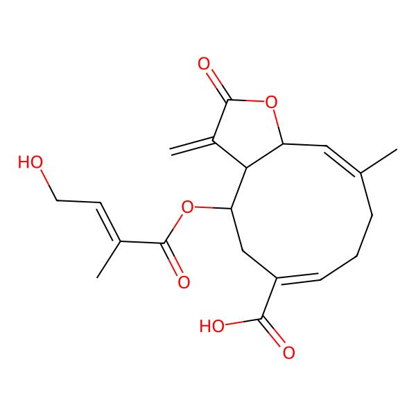 2D Structure of (3aR,4R,6Z,10E,11aR)-4-[(E)-4-hydroxy-2-methylbut-2-enoyl]oxy-10-methyl-3-methylidene-2-oxo-3a,4,5,8,9,11a-hexahydrocyclodeca[b]furan-6-carboxylic acid