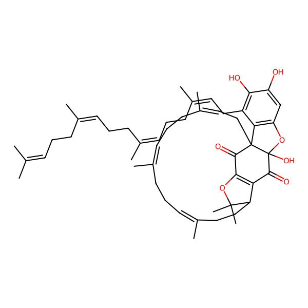 2D Structure of (1S,3E,7E,11E,15R,21S)-21,25,26-trihydroxy-4,8,12,16,16-pentamethyl-27-[(2E,6E,10E)-3,7,11,15-tetramethylhexadeca-2,6,10,14-tetraenyl]-17,22-dioxapentacyclo[16.10.1.01,21.015,19.023,28]nonacosa-3,7,11,18,23(28),24,26-heptaene-20,29-dione