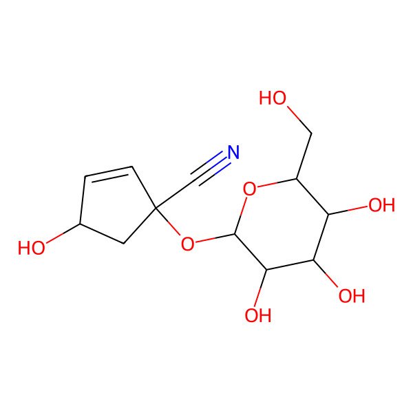 2D Structure of (1S,4R)-4-hydroxy-1-[(2R,3S,4R,5R,6S)-3,4,5-trihydroxy-6-(hydroxymethyl)oxan-2-yl]oxycyclopent-2-ene-1-carbonitrile