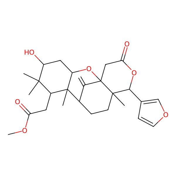 2D Structure of methyl 2-[(1S,3S,5R,7S,8S,9R,12S,13S)-13-(furan-3-yl)-5-hydroxy-6,6,8,12-tetramethyl-17-methylidene-15-oxo-2,14-dioxatetracyclo[7.7.1.01,12.03,8]heptadecan-7-yl]acetate