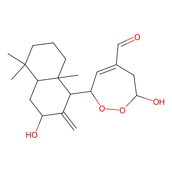 2D Structure of (3R,7S)-7-[(1R,3S,4aS,8aS)-3-hydroxy-5,5,8a-trimethyl-2-methylidene-3,4,4a,6,7,8-hexahydro-1H-naphthalen-1-yl]-3-hydroxy-4,7-dihydro-3H-dioxepine-5-carbaldehyde