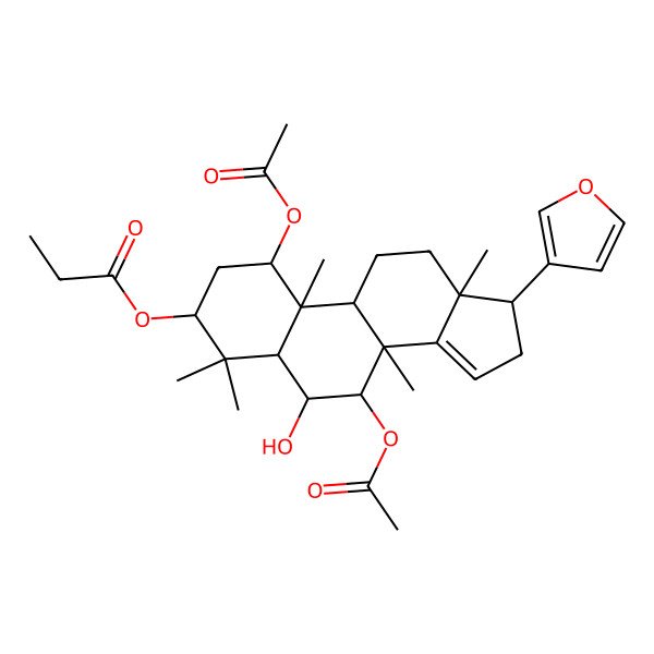 2D Structure of [(1S,3R,5S,6R,7S,8R,9R,10R,13S,17R)-1,7-diacetyloxy-17-(furan-3-yl)-6-hydroxy-4,4,8,10,13-pentamethyl-2,3,5,6,7,9,11,12,16,17-decahydro-1H-cyclopenta[a]phenanthren-3-yl] propanoate