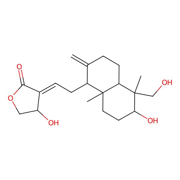 2D Structure of 4-Hydroxy-3-[2-[6-hydroxy-5-(hydroxymethyl)-5,8a-dimethyl-2-methylene-decalin-1-yl]ethylidene]tetrahydrofuran-2-one
